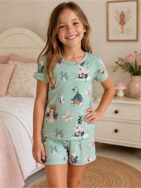 Fish Stix Fairy Cottage Pajama Set Girls Size 10 100% Cotton Mint Green New